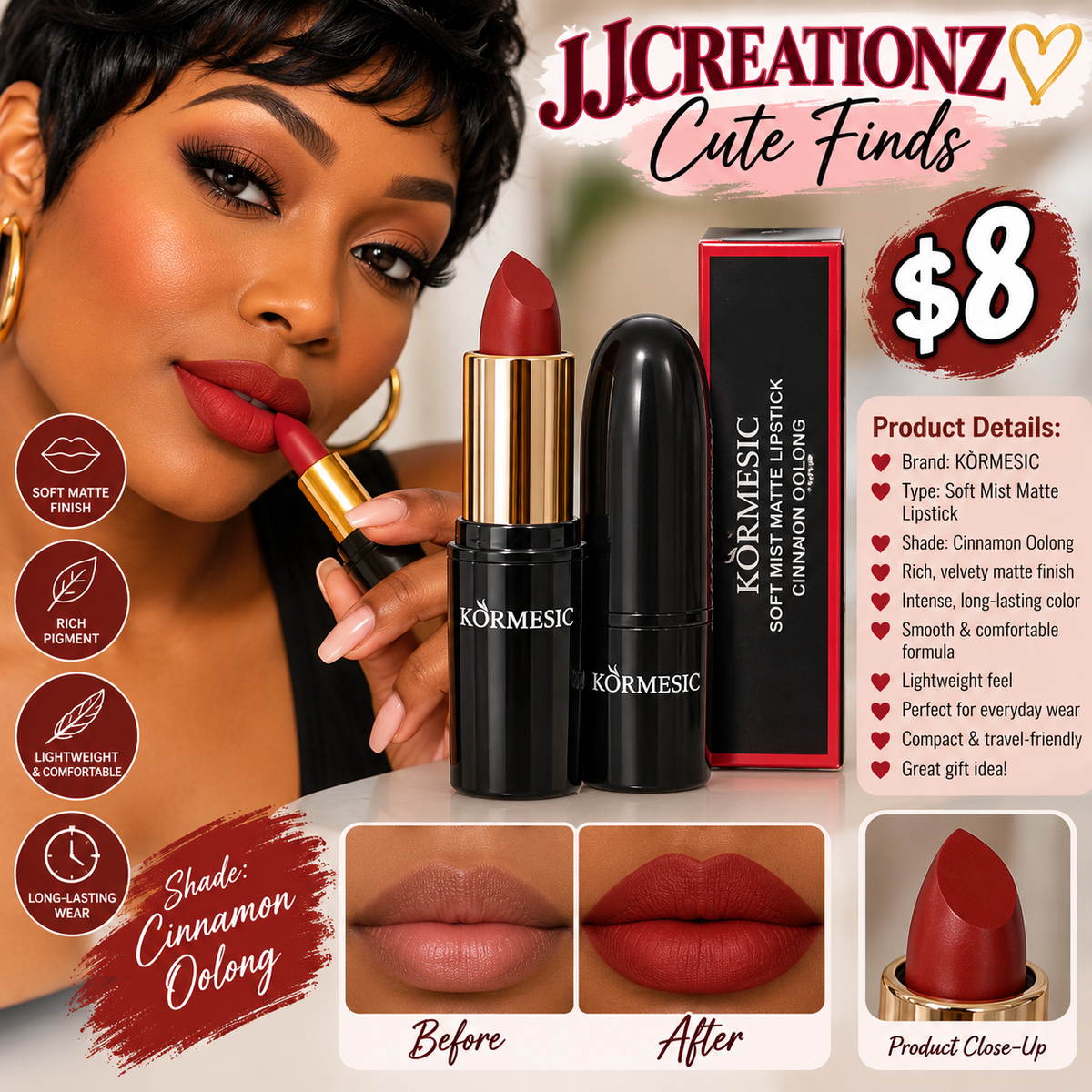 KORMESIC Soft Mist Matte Lipstick – Cinnamon Oolong | Rich Velvety Lip Color