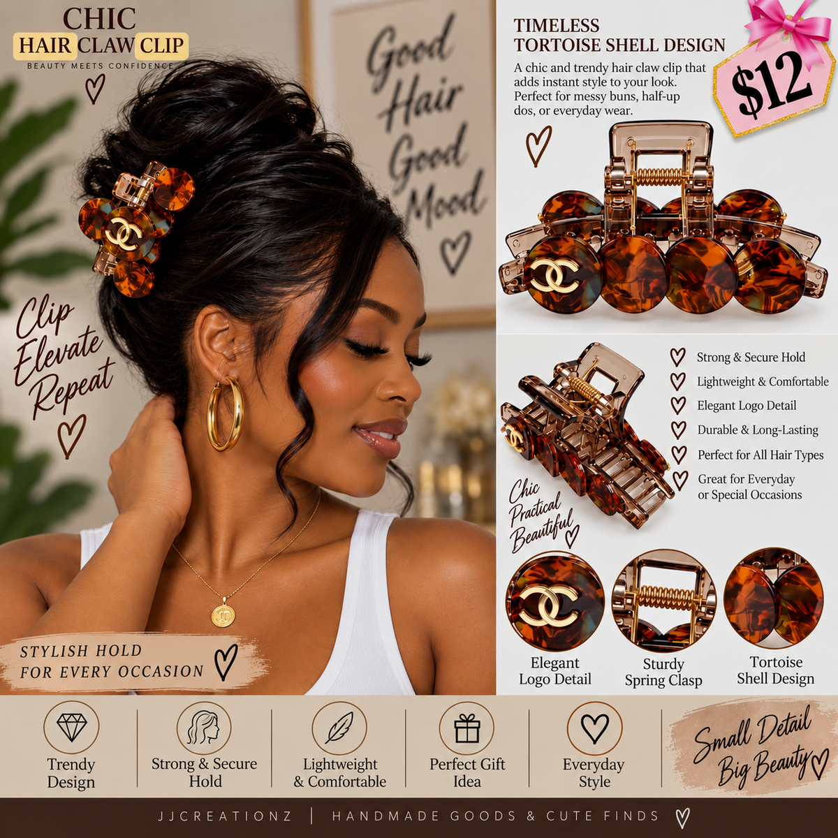 Tortoise Shell Floral Hair Claw Clip – Gold-Tone Accent