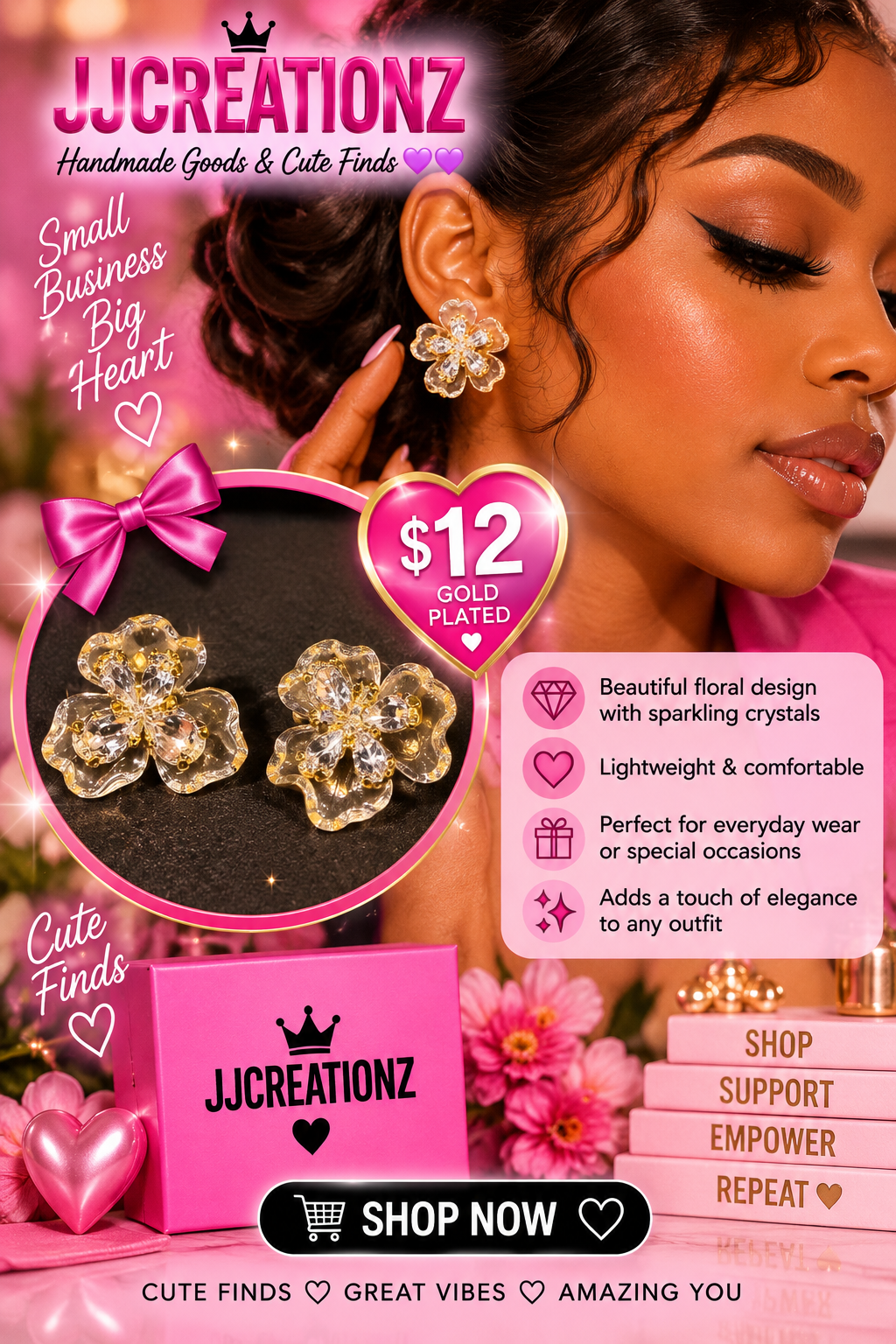Gold-Plated Crystal Flower Stud Earrings – Elegant Floral Statement Earrings