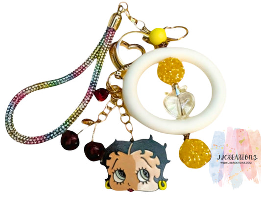 💖 Betty Boop & Fruit Charm Keychain – Colorful Beads & Fun Bag Accessory