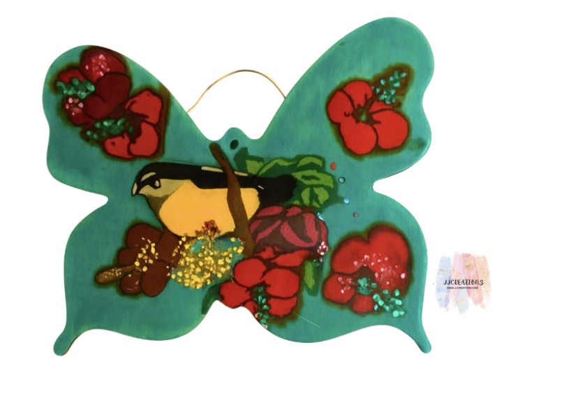🦋 Handmade Butterfly Resin Art with yellow Bird & Hibiscus Flowers