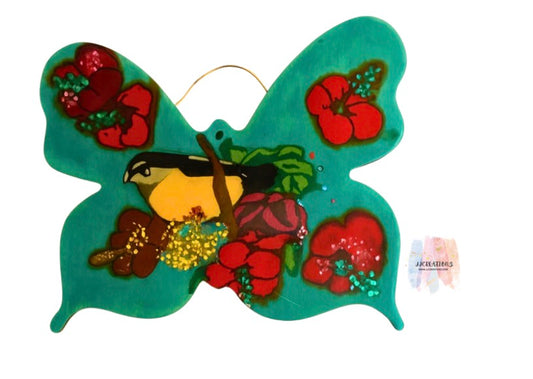 🦋 Handmade Butterfly Resin Art with yellow Bird & Hibiscus Flowers