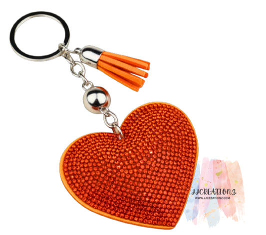 🧡 Sparkly Orange Heart Keychain with Tassel & Charm – Cute Glitter Bag Accessory