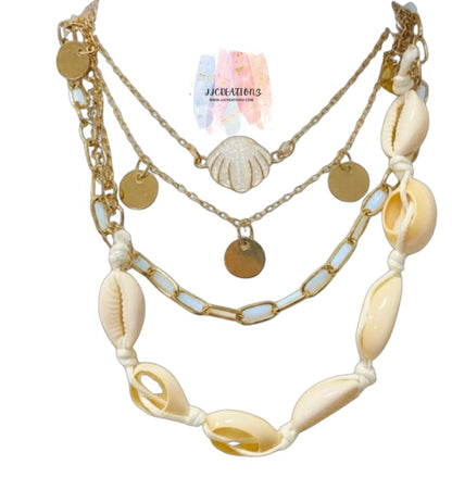 🌊 Layered Seashell & Gold Coin Pendant Necklace Set – Boho Beach Jewelry