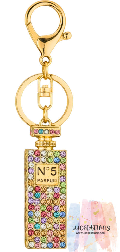 🌈 Sparkling Perfume Bottle Keychain – Multicolor Crystal No. 5 Design