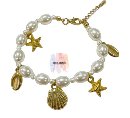 🐚 Pearl Beaded Seashell & Starfish Charm Bracelet – Beach Boho Jewelry