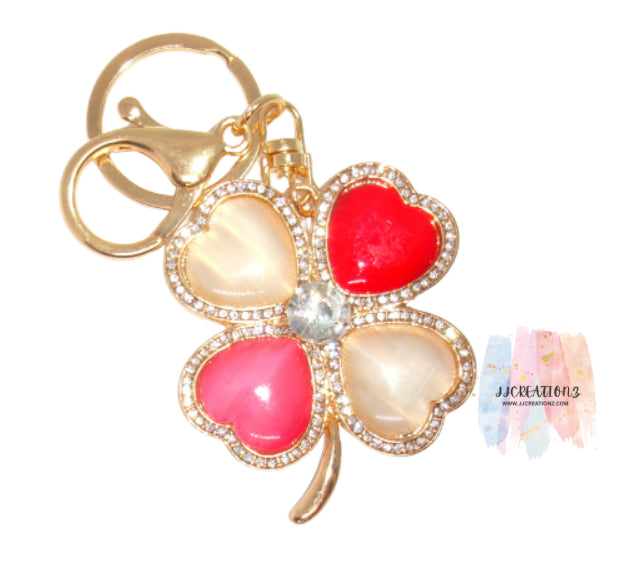 Four-Leaf Heart Clover Keychain – Gold, Red & Pink Enamel Charm