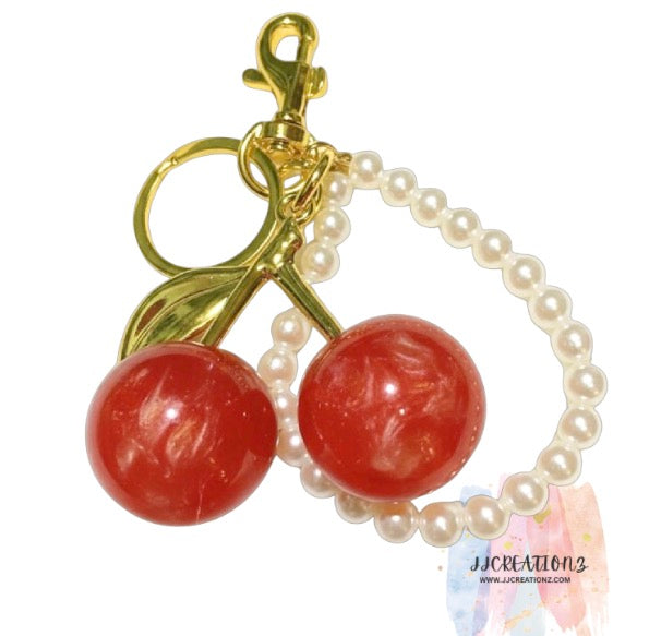 🍒 Orange Cherry Keychain with Pearl Handle – Handmade Fruit Bag Charm