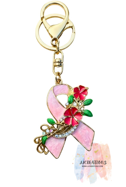🌸 Pink Ribbon Awareness Keychain with Floral Design