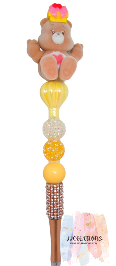 Crowned Plush Bear Beaded Pen – Cute Yellow Charm Pen with Sparkle Grip