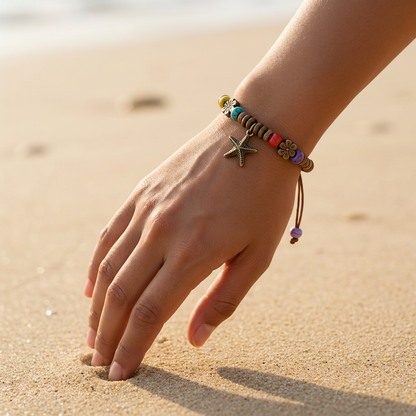 Boho Adjustable Charm Bracelet – Starfish & Floral Beaded Bracelet