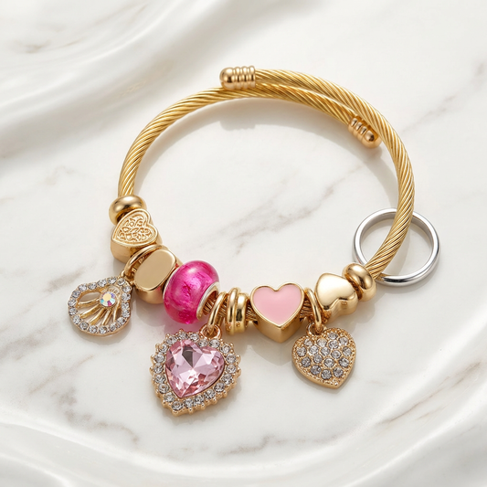 Pink Heart Charm Gold Bracelet – Romantic Crystal Love Bangle