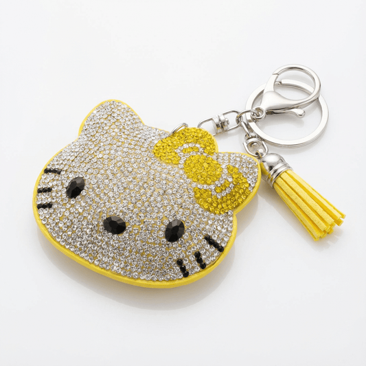 🌟 Large Sparkling Hello Kitty-Inspired Rhinestone Keychain Yellow Bow