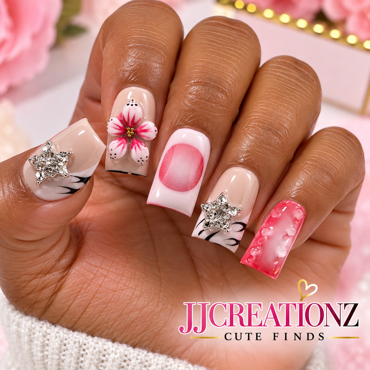 Pink Blossom & Silver Star Glam Duck Press-On Nails – Medium