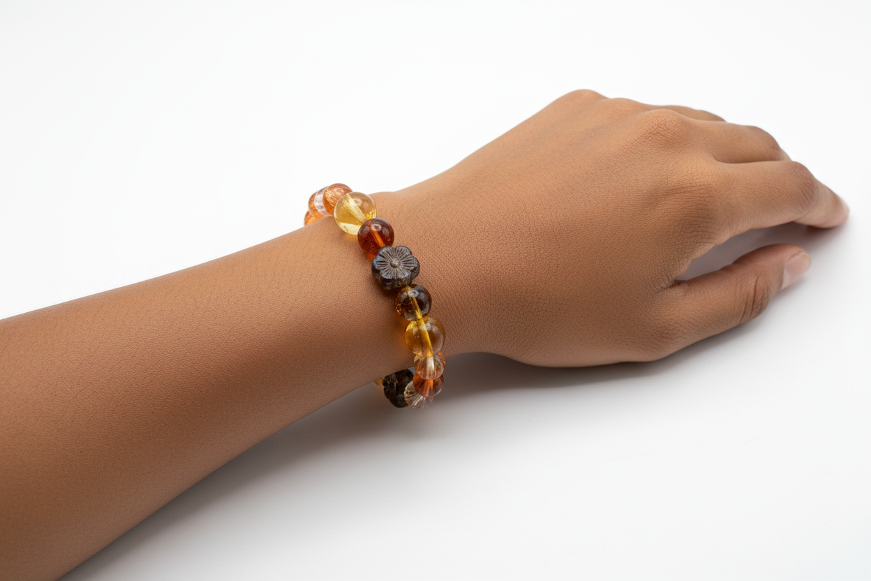 Autumn Glow Beaded Bracelet – Amber & Golden Crystal Stretch Bracelet