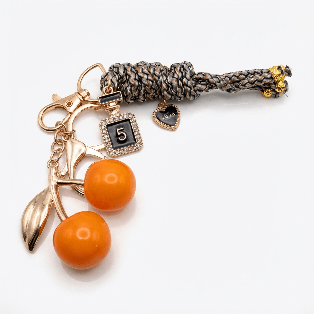 🍒 Cherry & Love Charm Keychain with Braided Tassel