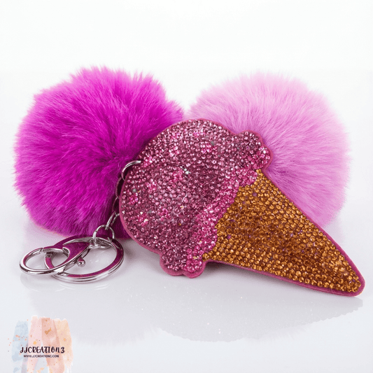 🍦 Sparkling Ice Cream Keychain with Pom Pom – Sweet Shine Edition