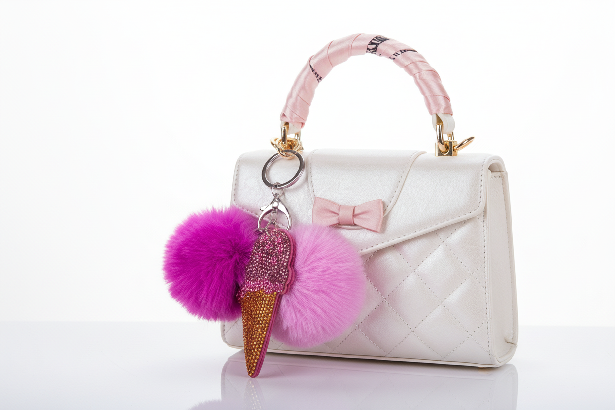 🍦 Sparkling Ice Cream Keychain with Pom Pom – Sweet Shine Edition