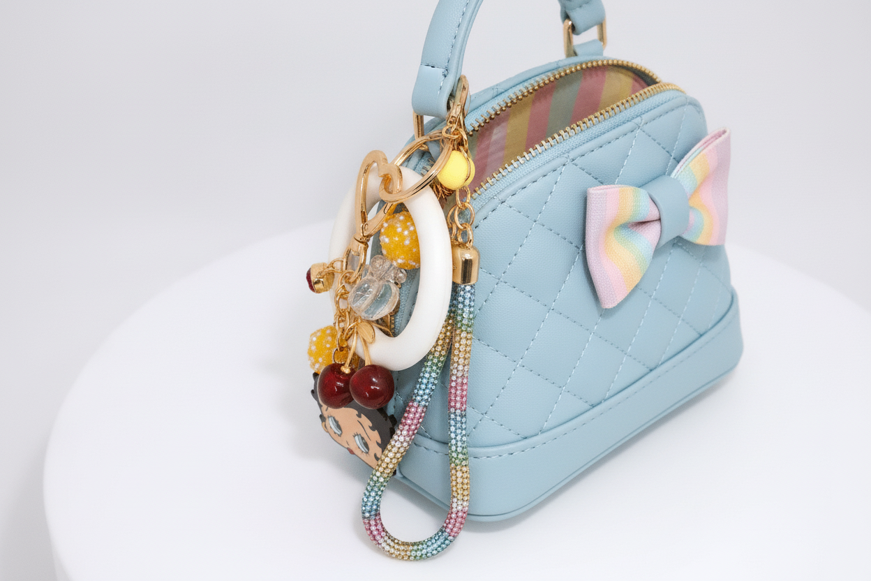 💖 Betty Boop & Fruit Charm Keychain – Colorful Beads & Fun Bag Accessory