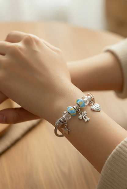 Elegant Charm Cable Bracelet – Silver Tone Beaded Bracelet