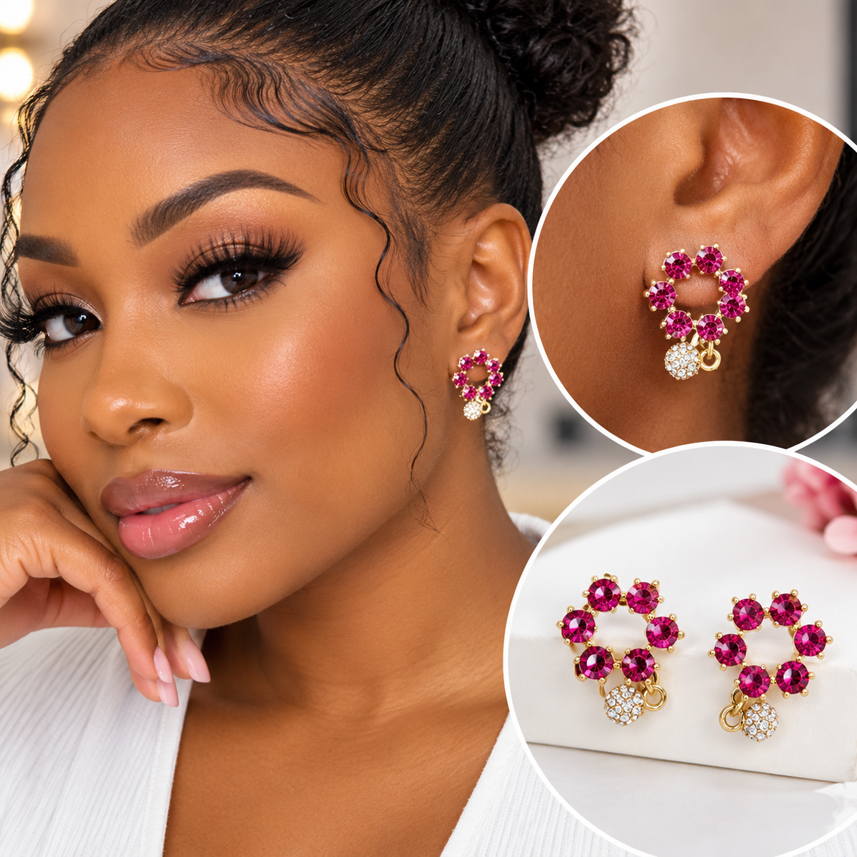 Pink Crystal Floral Stud Earrings with Sparkling Charm