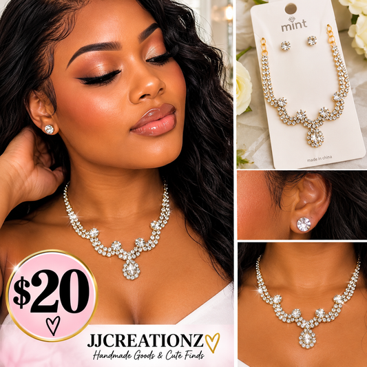 Elegant Crystal Rhinestone Necklace & Stud Earring Set – Gold-Tone Statement Jewelry