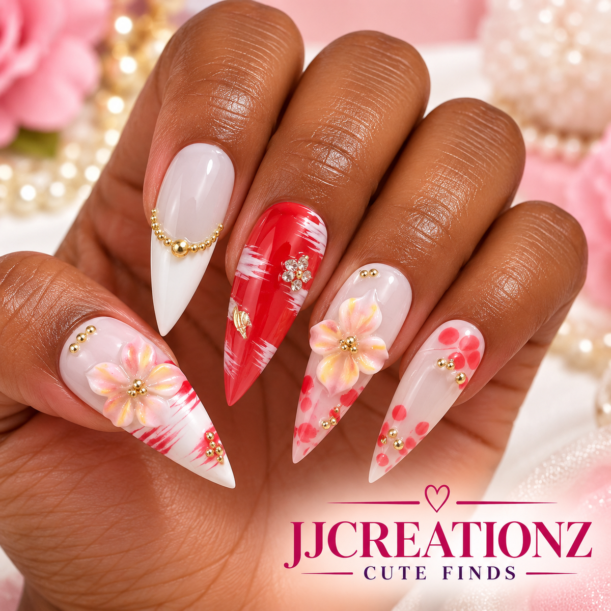 Blushing Blossom 3D Floral Stiletto Press-On Nails – Size Medium