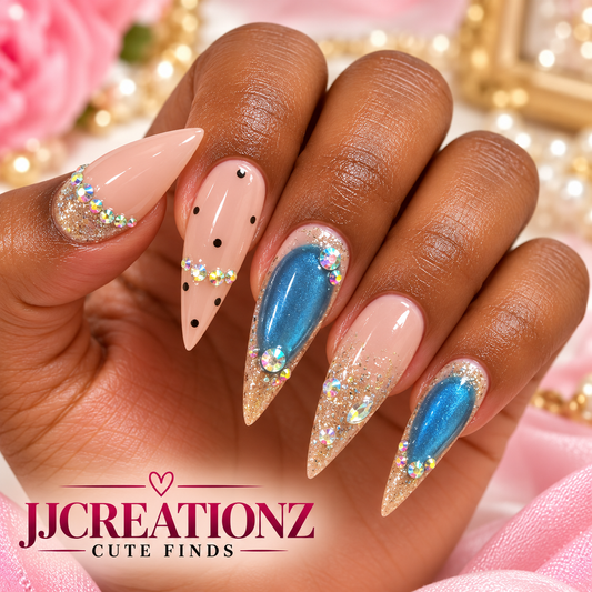 Blue & Gold Glam Stiletto Press-On Nails | Size Medium