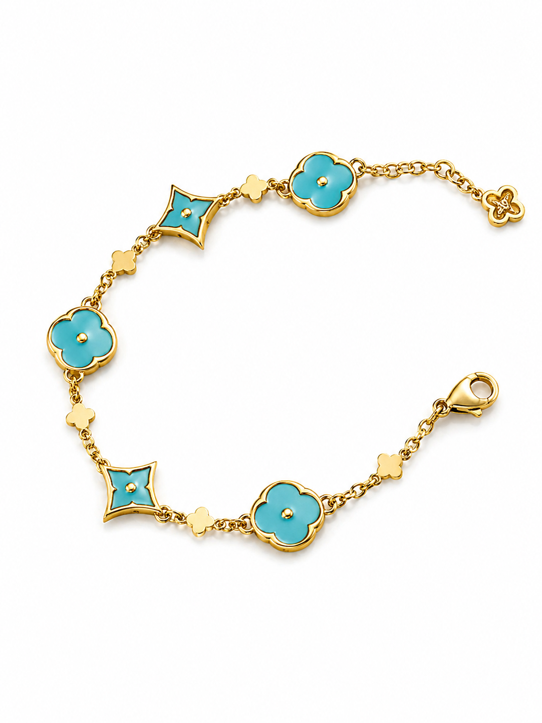 gold-tone charm bracelet featuring stunning turquoise enamel accents.