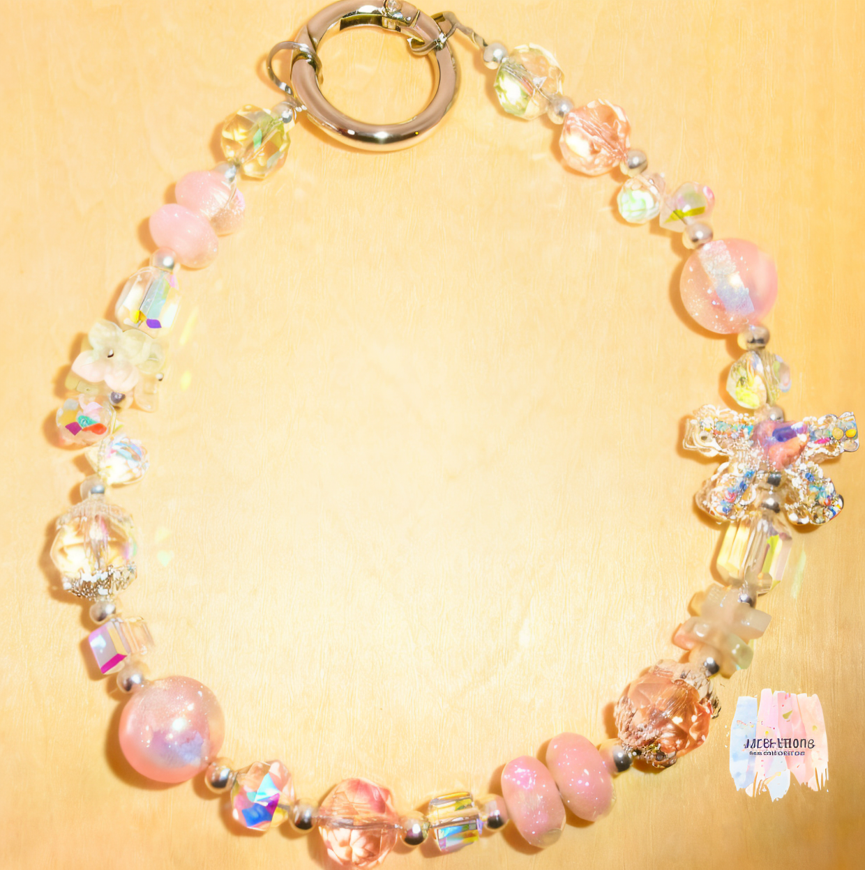 Pink & Iridescent Crystal Beaded Phone Charm – Butterfly & Pearl Accent