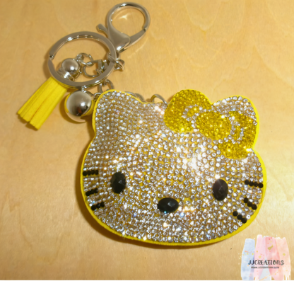 🌟 Large Sparkling Hello Kitty-Inspired Rhinestone Keychain (Yellow Bow)