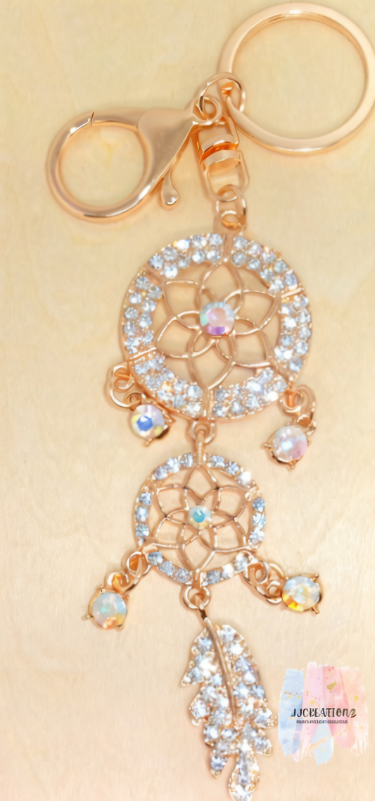 Rose Gold Crystal Dreamcatcher Keychain – Sparkling Feather Charm