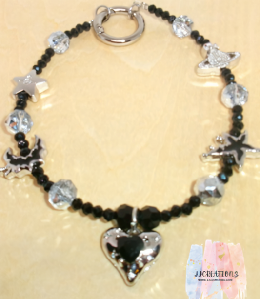 Black Galaxy Heart Phone Charm – Silver Stars & Planet Accents