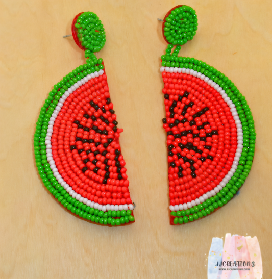 Handmade Beaded Watermelon Slice Earrings