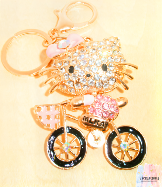 Rhinestone Kitty on Bicycle Keychain!
