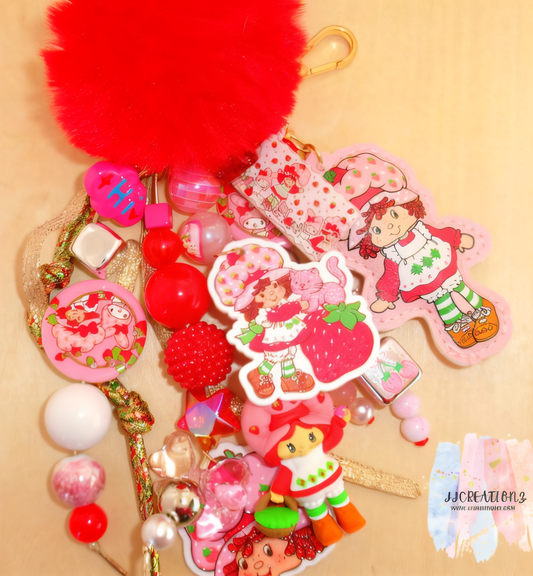 🍓 Strawberry Shortcake Bag Charm – Handmade Pink Beaded Accessory With Pom-Pom 🍓