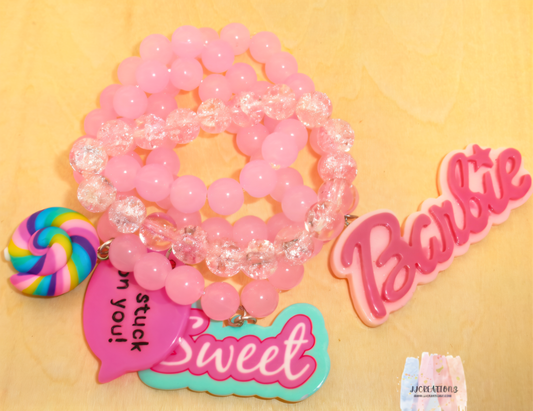 💖 Sweet Barbie-Inspired Pink Beaded Bracelet Set – Cute Kawaii Jewelry