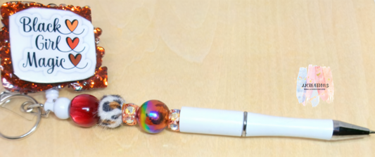 “Black Girl Magic” Beaded Badge Reel Pen – Retractable ID Holder & Pen Combo