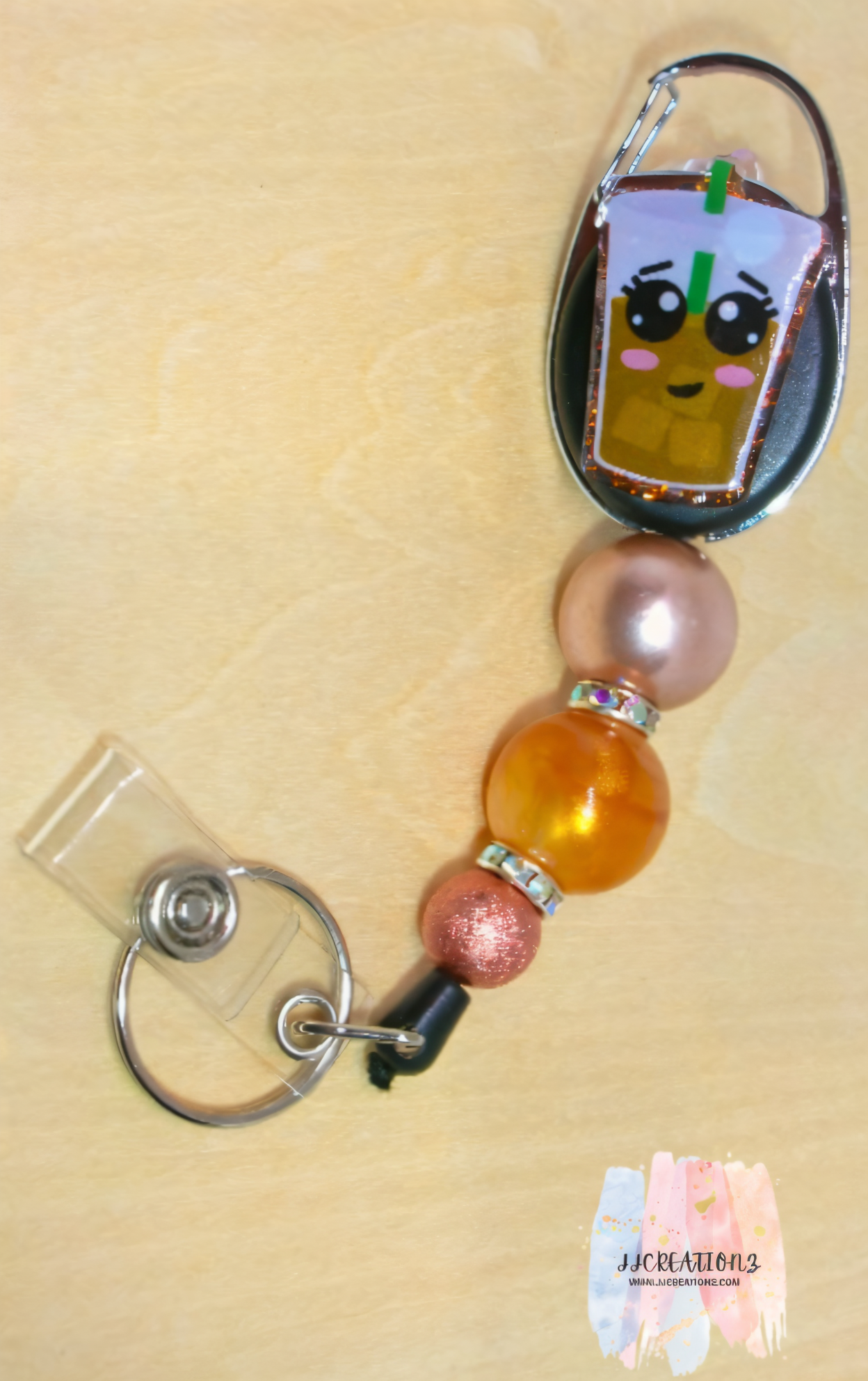🧋 Iced Coffee Badge Reel – Cute Beaded Retractable ID Holder