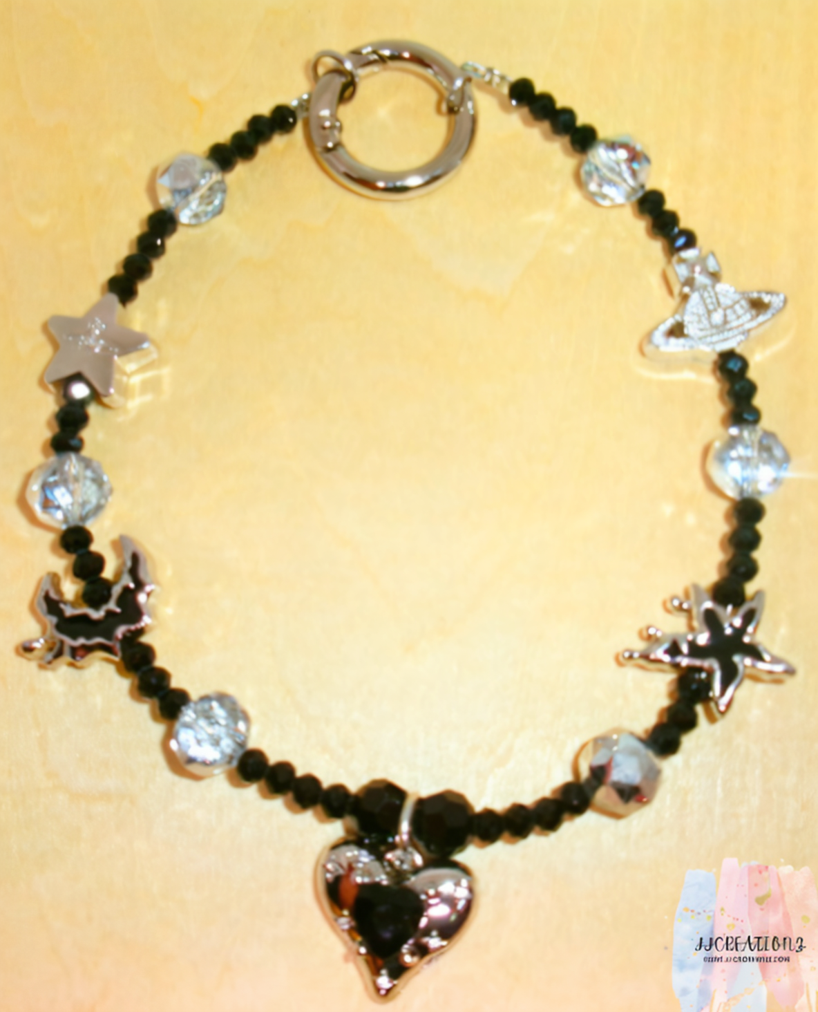 Black Galaxy Heart Phone Charm – Silver Stars & Planet Accents