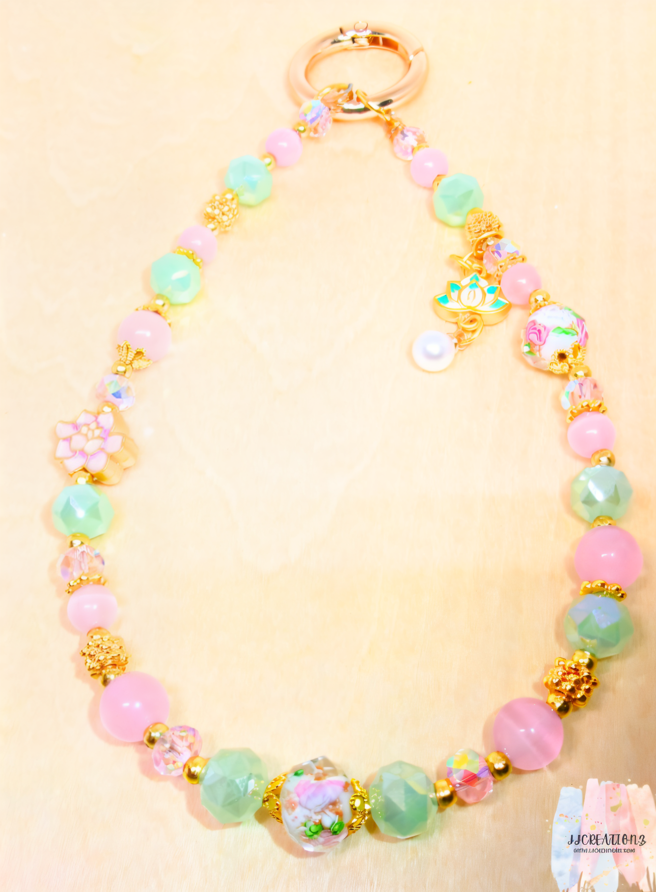 Pink & Mint Floral Beaded Phone Charm – Gold Lotus Accent