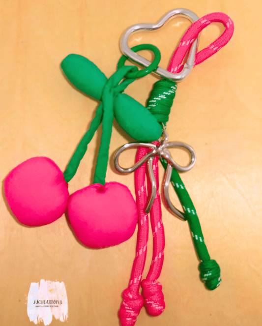 🍒 Plush Cherry Keychain with Rope Tassels – Handmade Fruit Bag Charm