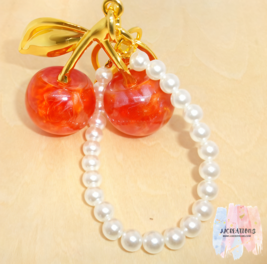 🍒 Orange Cherry Keychain with Pearl Handle – Handmade Fruit Bag Charm