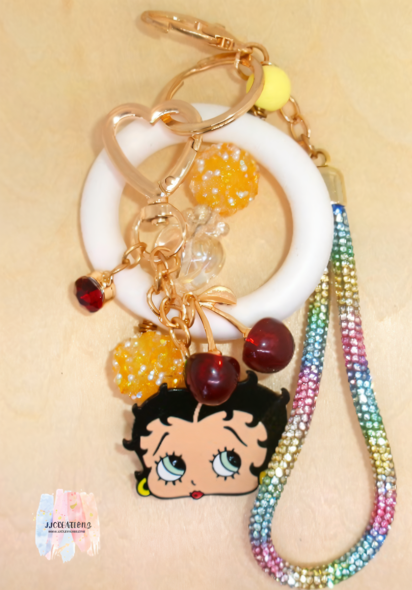 💖 Betty Boop & Fruit Charm Keychain – Colorful Beads & Fun Bag Accessory