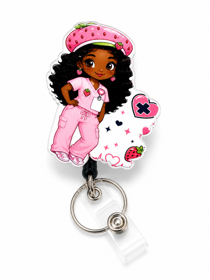 Strawberry Nurse Badge Reel – Cute Pink Scrub Design