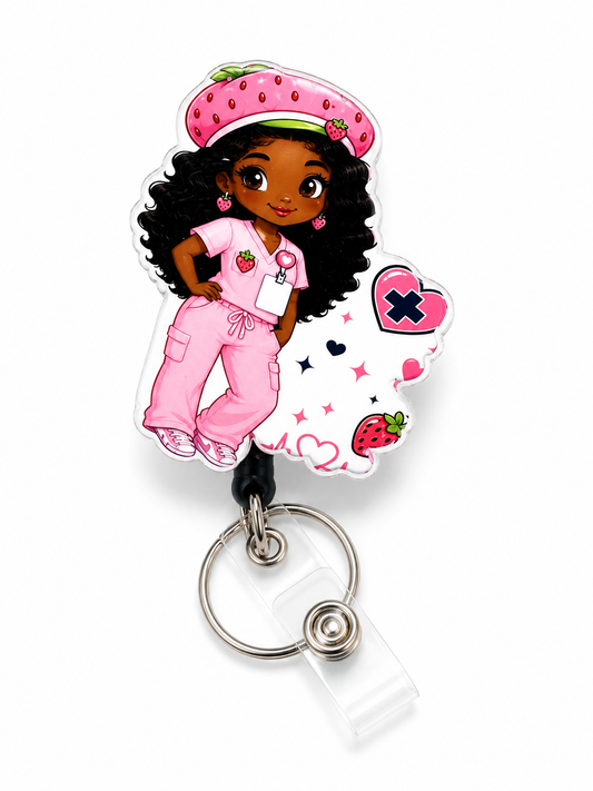 Strawberry Nurse Badge Reel – Cute Pink Scrub Design