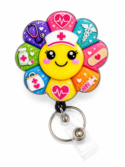 Smiley Nurse Flower Badge Reel – Colorful Healthcare Design