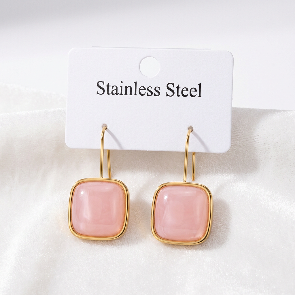 Pink Square Drop Earrings – Gold-Tone Stainless Steel Earrings
