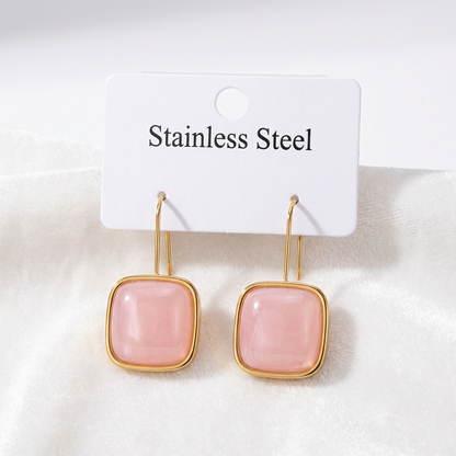 Pink Square Drop Earrings – Gold-Tone Stainless Steel Earrings