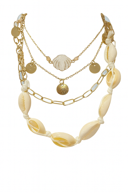 🌊 Layered Seashell & Gold Coin Pendant Necklace Set – Boho Beach Jewelry